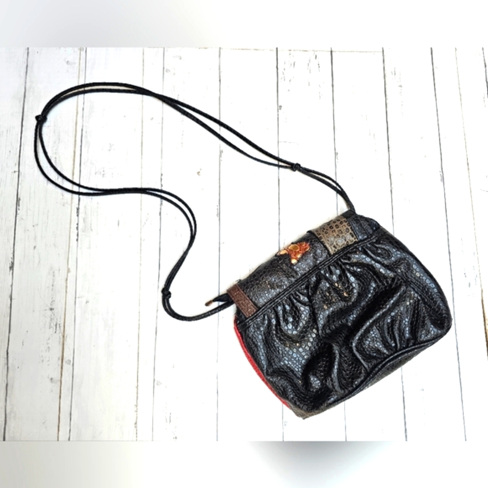 RARE Vintage NAS Alentino Black Leather Exotic Crossbody Purse Patchwork Gold - Picture 10 of 15